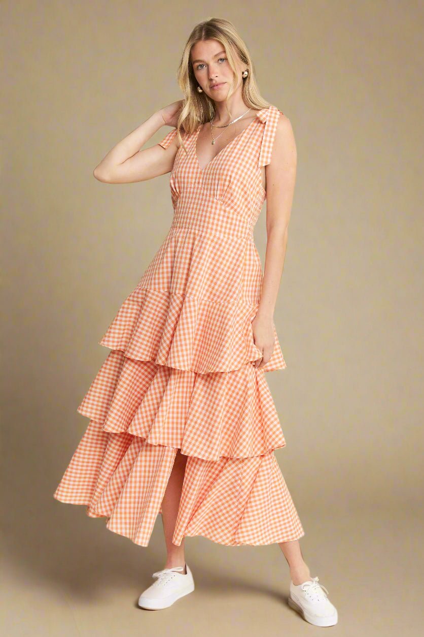 Jade By Jane - Orange Gingham Tiered Ruffle Maxi Dress with Tie Straps