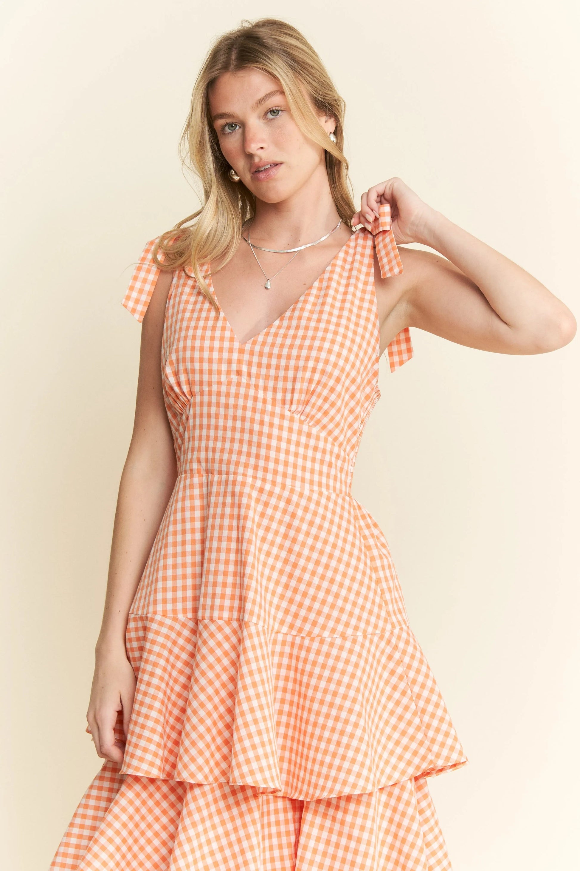 Jade By Jane - Orange Gingham Tiered Ruffle Maxi Dress with Tie Straps