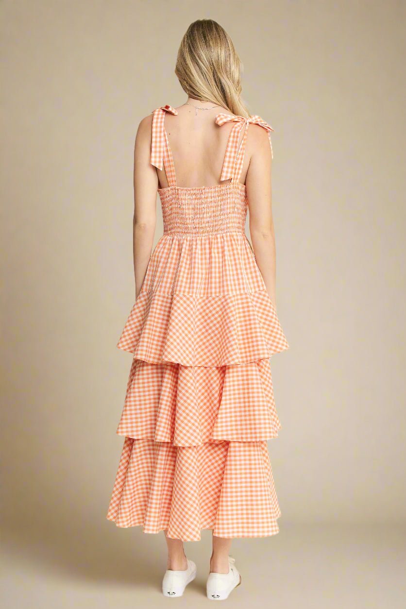 Jade By Jane - Orange Gingham Tiered Ruffle Maxi Dress with Tie Straps