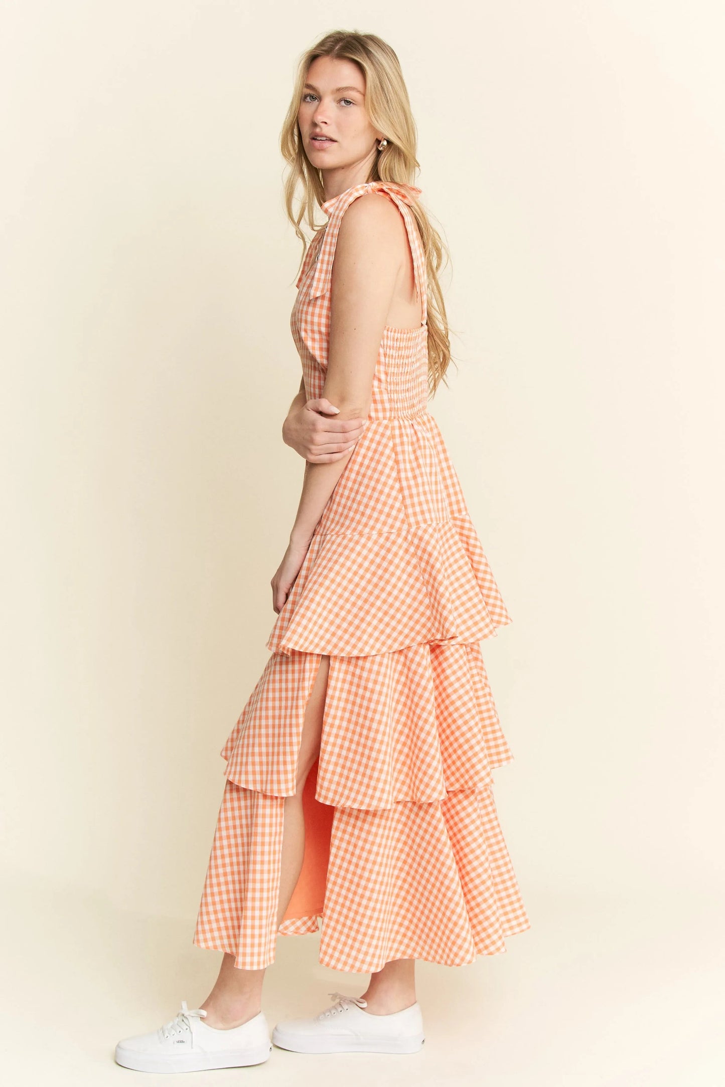 Jade By Jane - Orange Gingham Tiered Ruffle Maxi Dress with Tie Straps