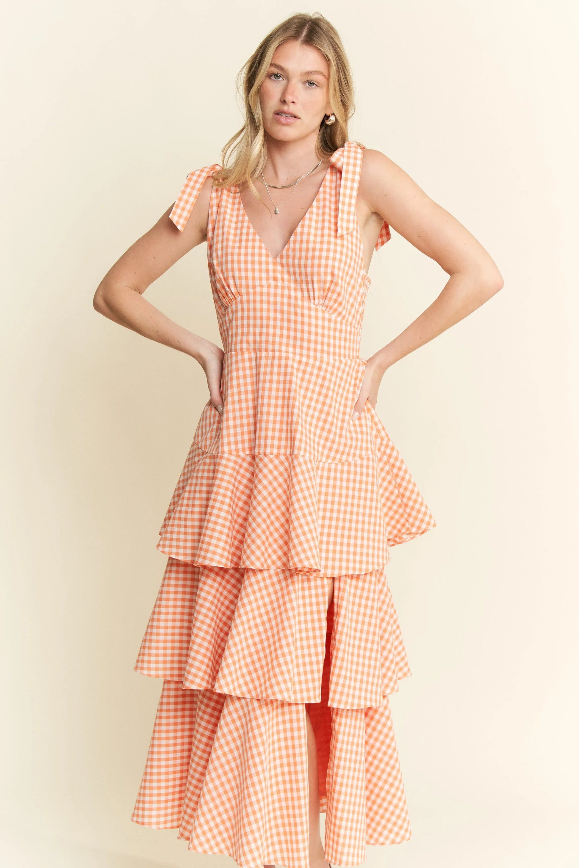 Jade By Jane - Orange Gingham Tiered Ruffle Maxi Dress with Tie Straps