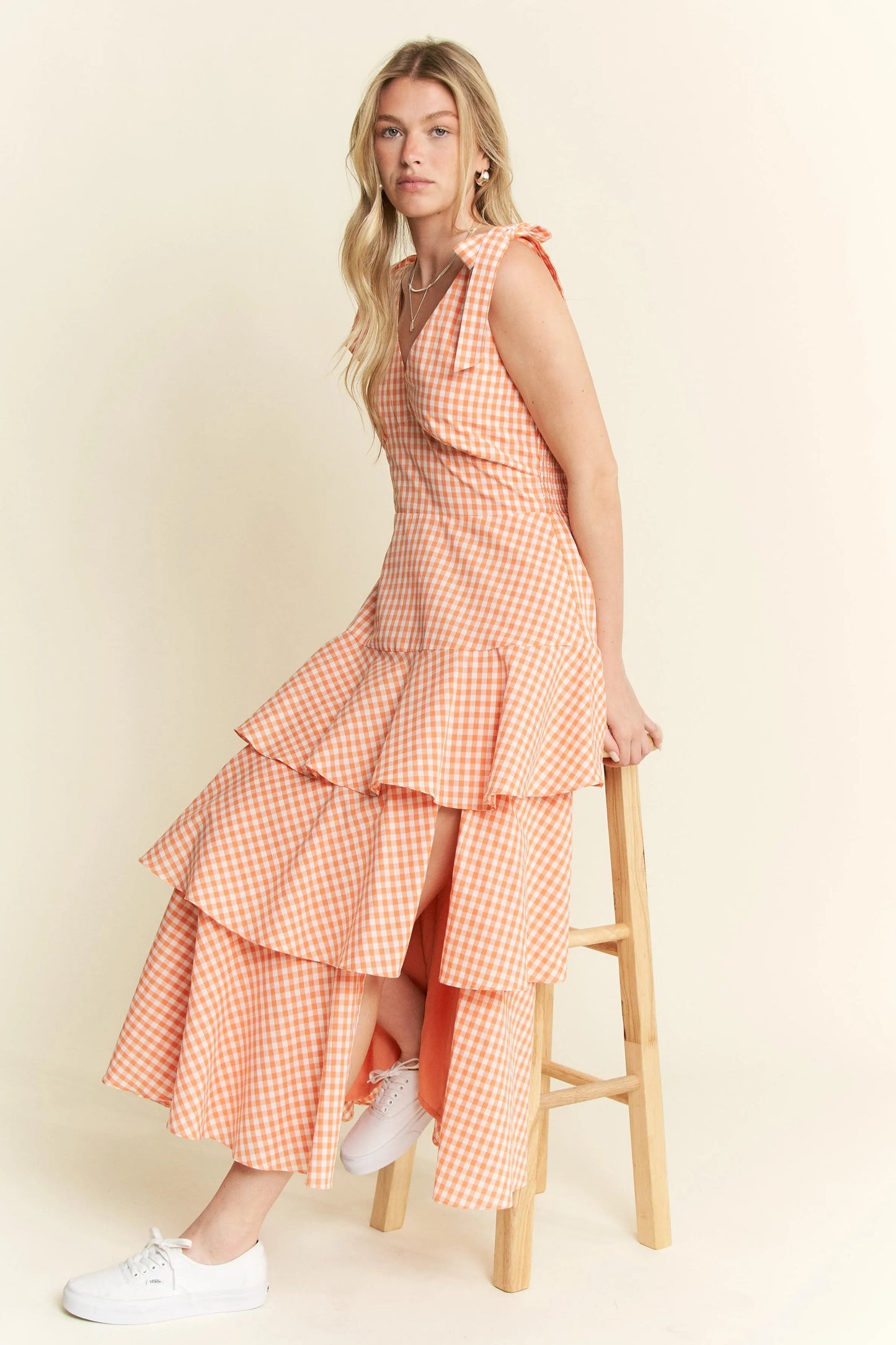 Jade By Jane - Orange Gingham Tiered Ruffle Maxi Dress with Tie Straps