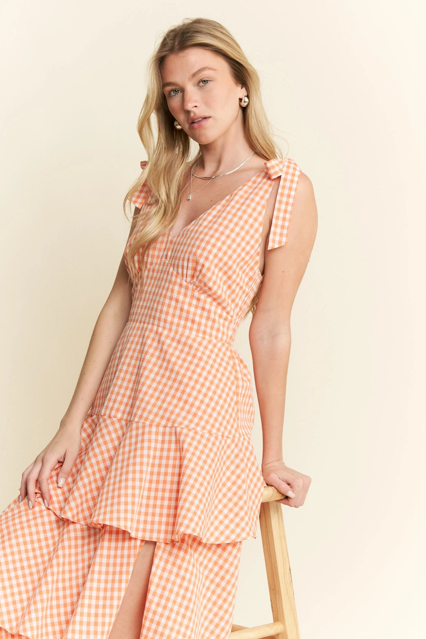 Jade By Jane - Orange Gingham Tiered Ruffle Maxi Dress with Tie Straps