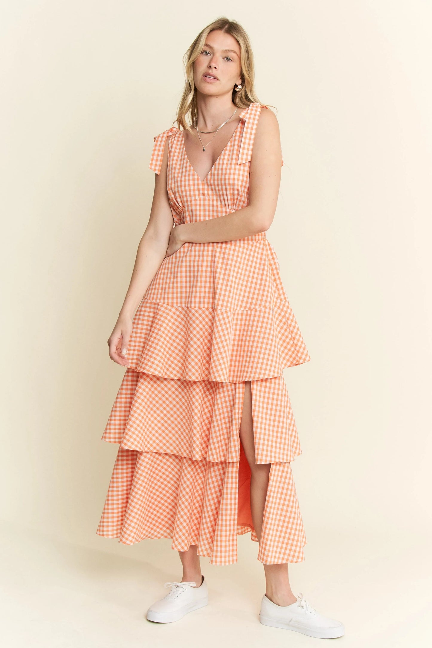 Jade By Jane - Orange Gingham Tiered Ruffle Maxi Dress with Tie Straps