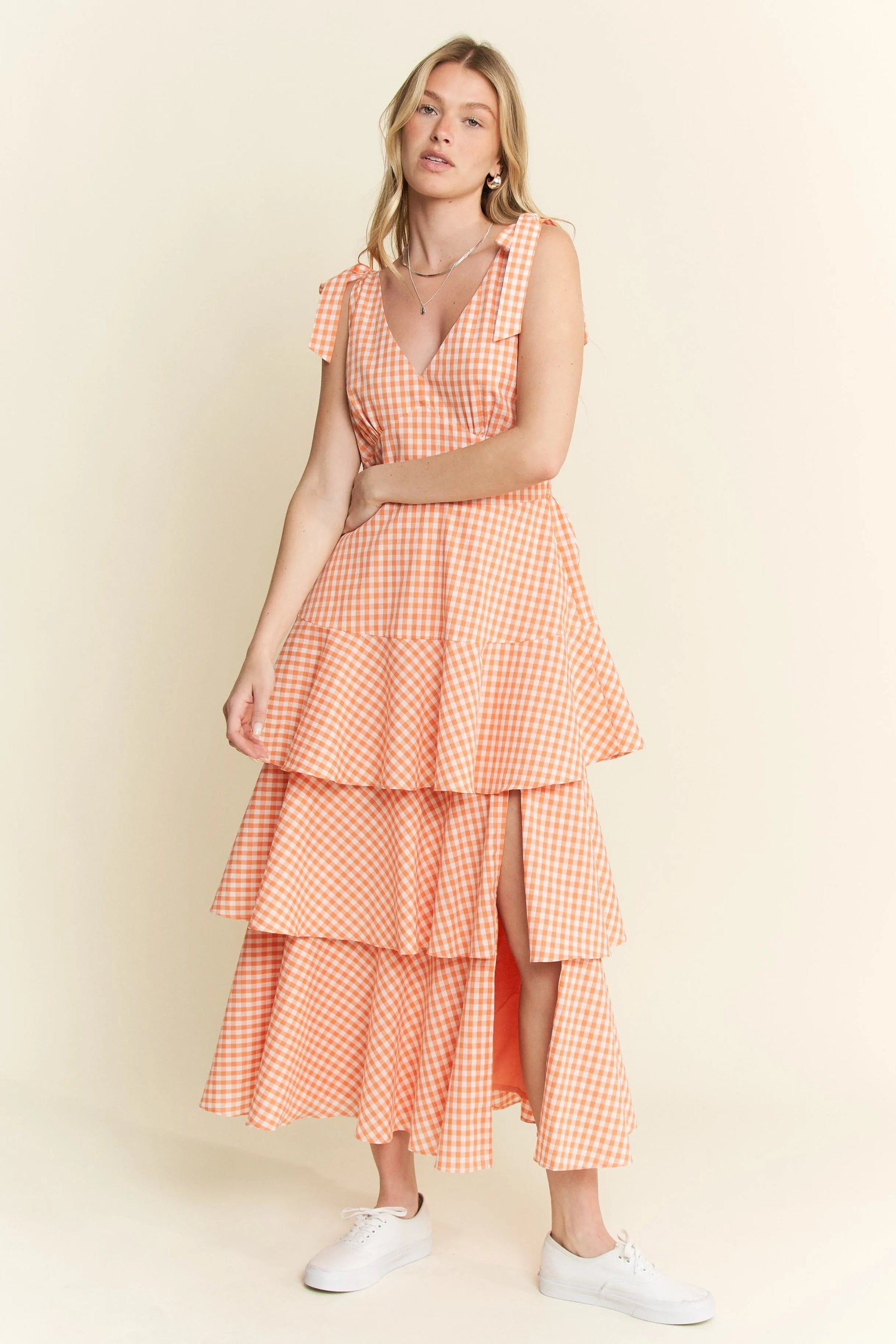 Jade By Jane - Orange Gingham Tiered Ruffle Maxi Dress with Tie Straps