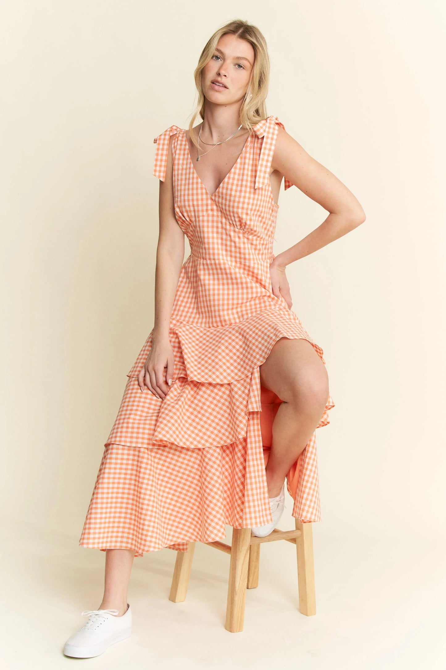 Jade By Jane - Orange Gingham Tiered Ruffle Maxi Dress with Tie Straps