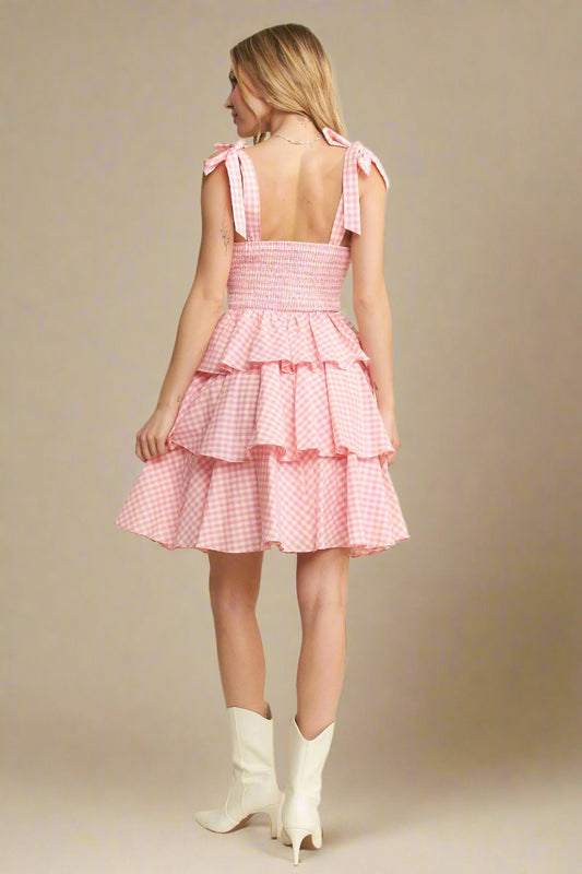 Jade By Jane - Pink & White Gingham Tiered Ruffle Mini Dress