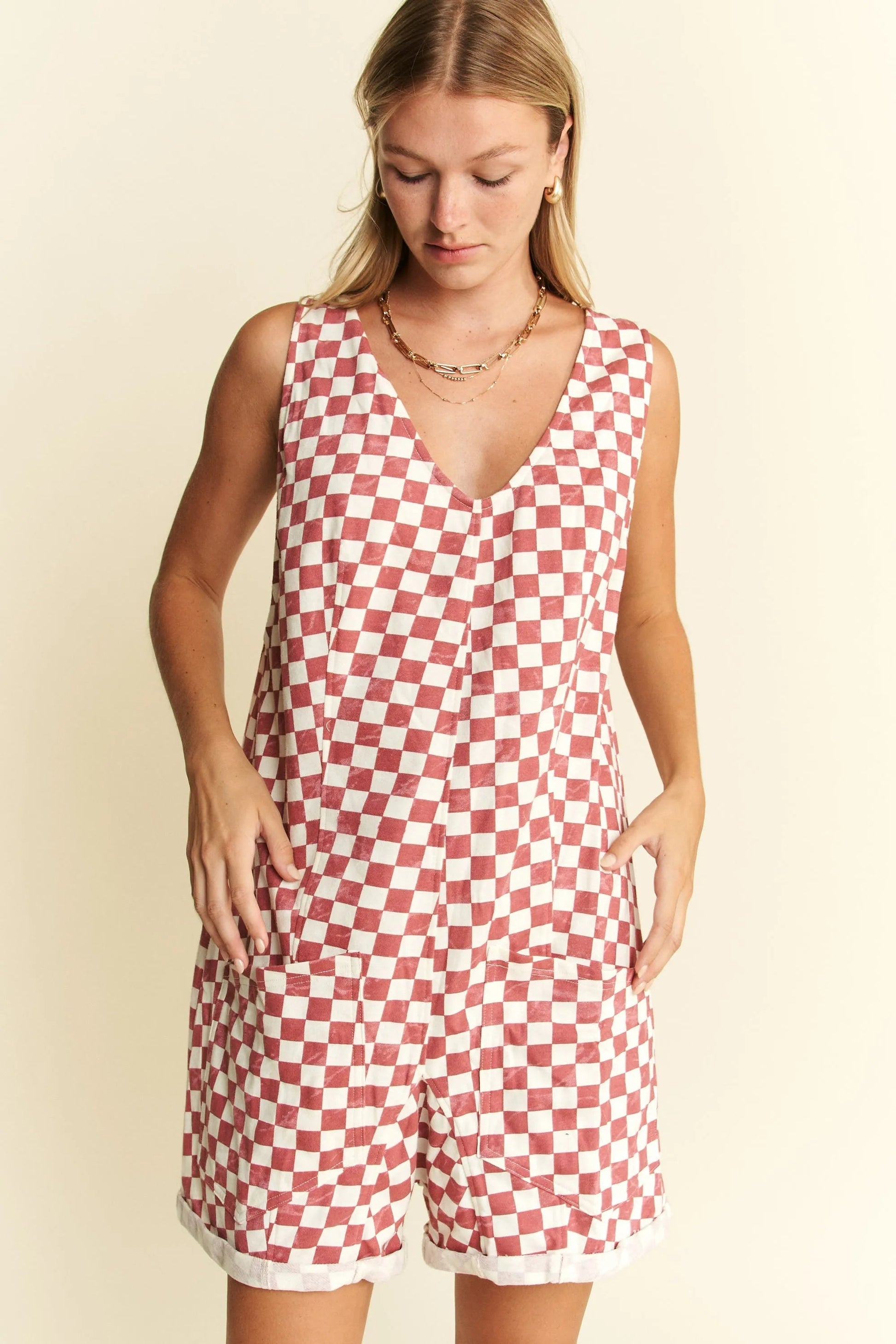 Jade By Jane - Plus Size Red & White Checkered Sleeveless Romper with Pockets