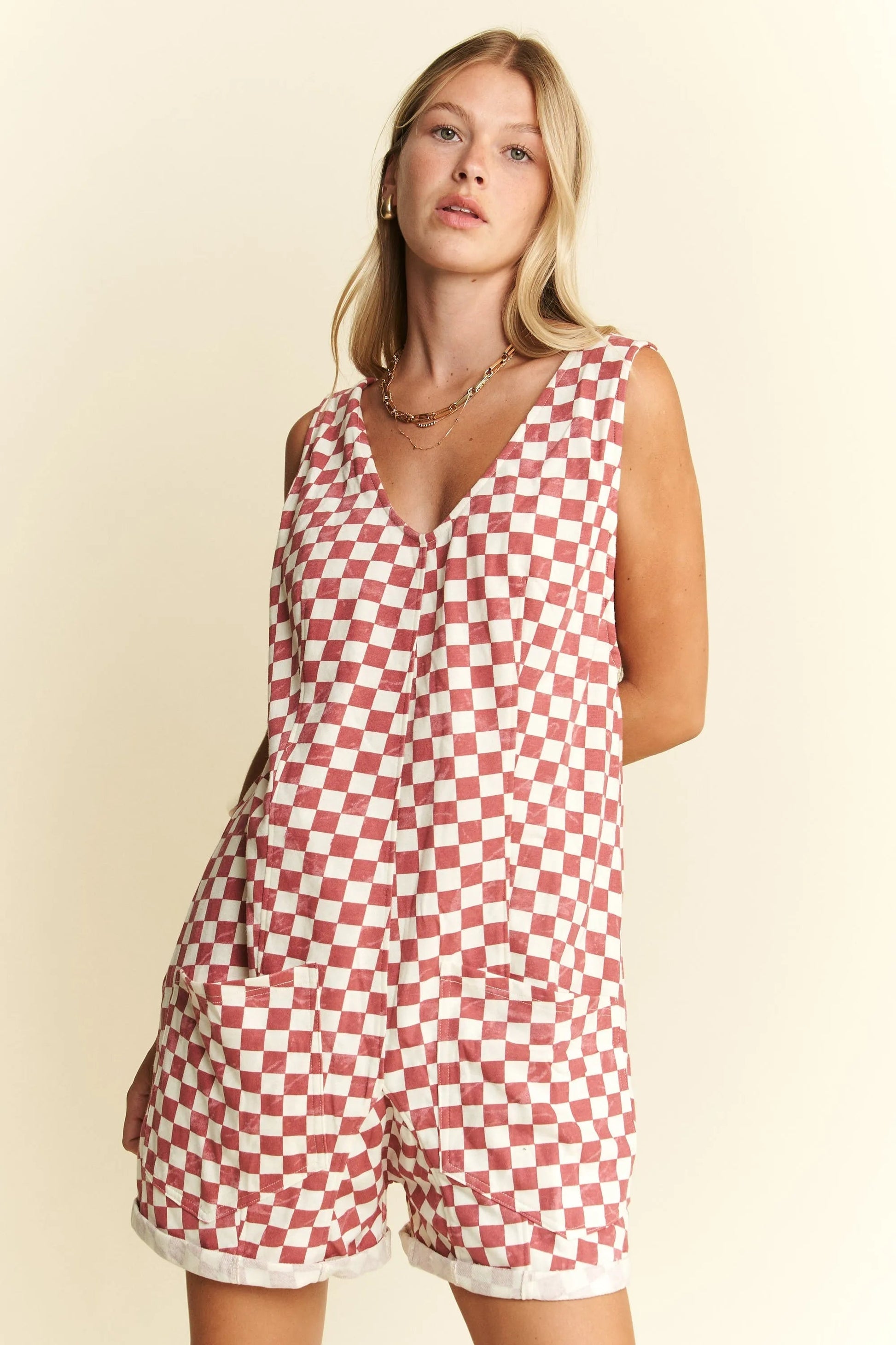 Jade By Jane - Plus Size Red & White Checkered Sleeveless Romper with Pockets