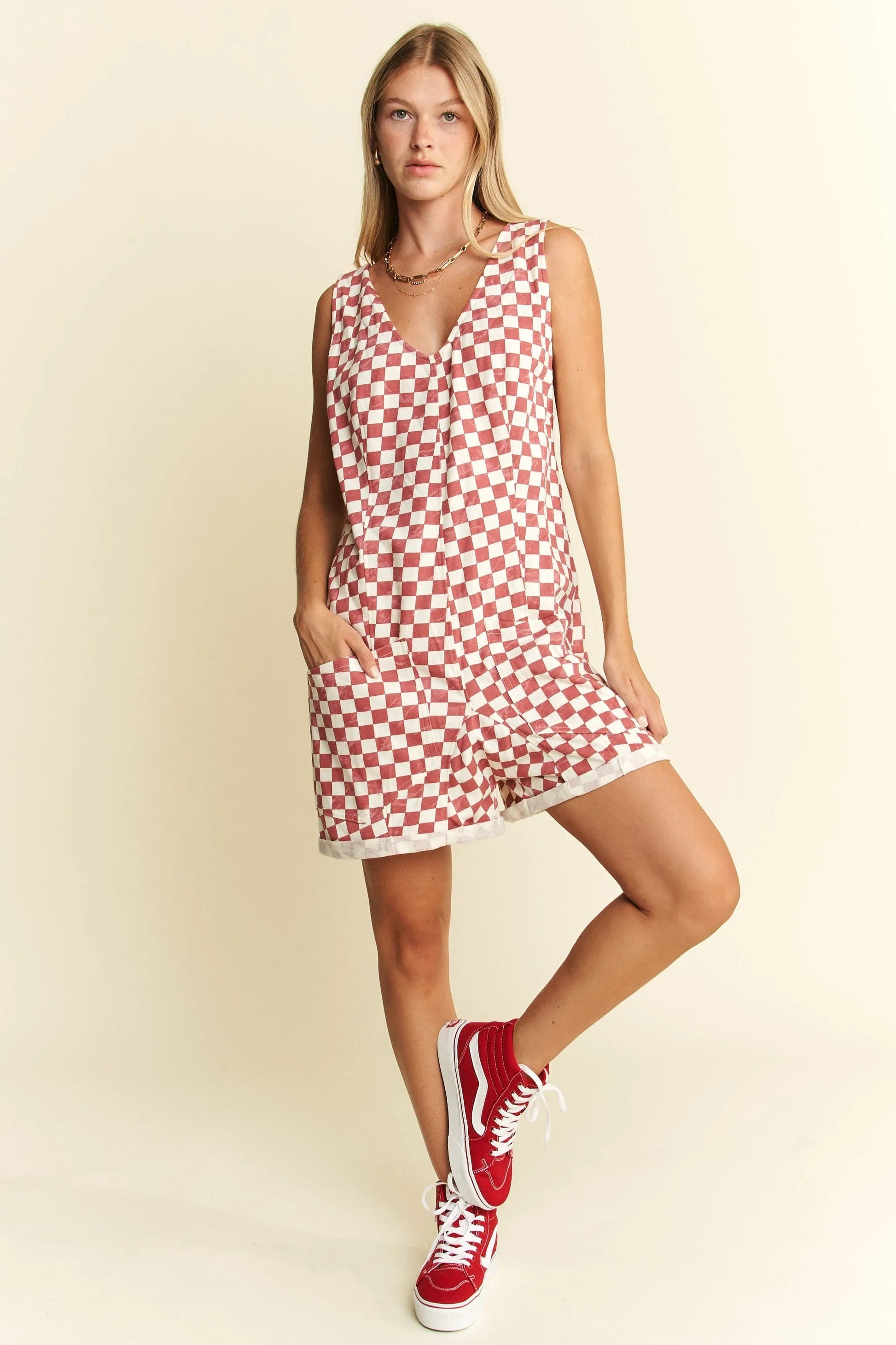 Jade By Jane - Plus Size Red & White Checkered Sleeveless Romper with Pockets