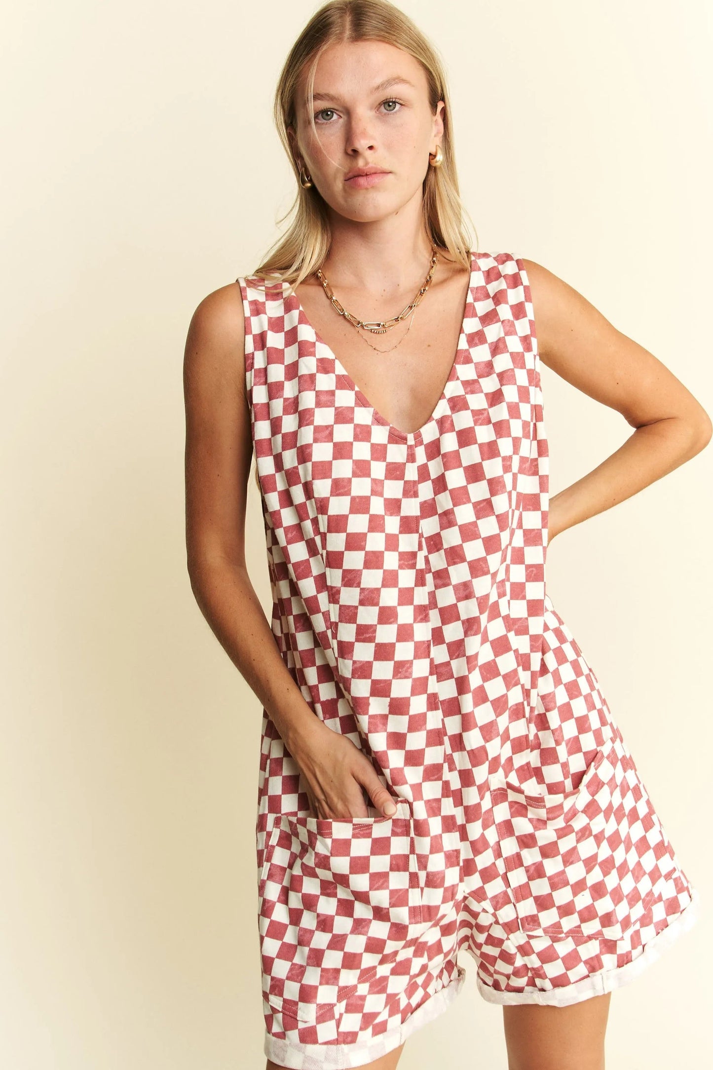 Jade By Jane - Plus Size Red & White Checkered Sleeveless Romper with Pockets
