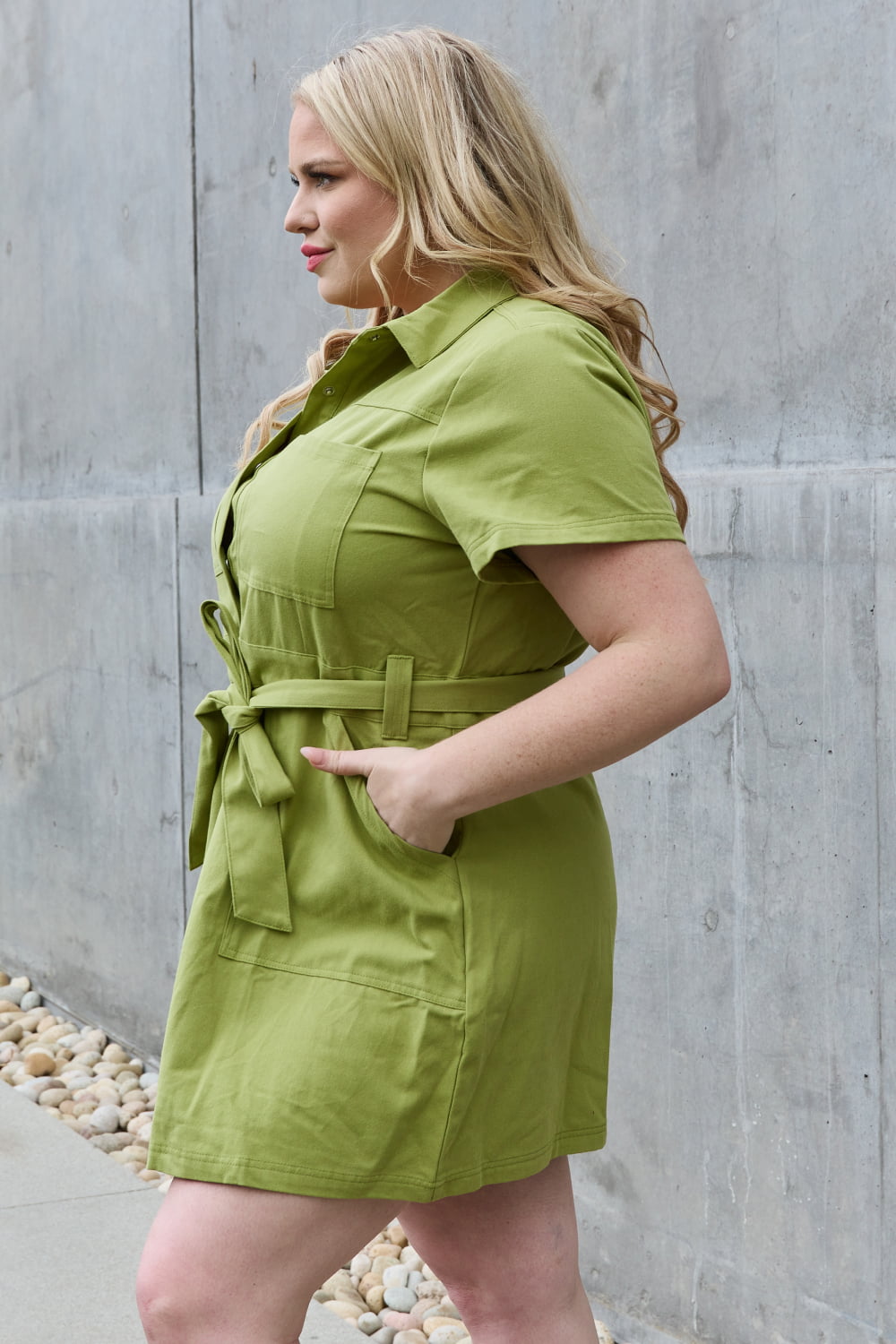 Jade By Jane - Short Sleeve Belted Mini Shirt Dress in Yellow - Green