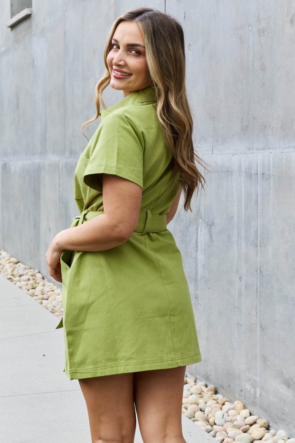 Jade By Jane - Short Sleeve Belted Mini Shirt Dress in Yellow - Green