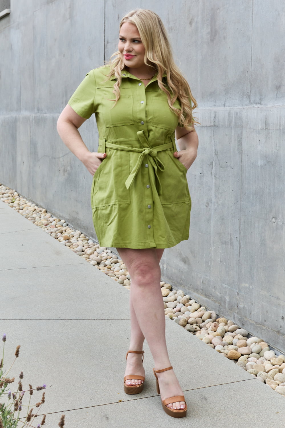 Jade By Jane - Short Sleeve Belted Mini Shirt Dress in Yellow - Green