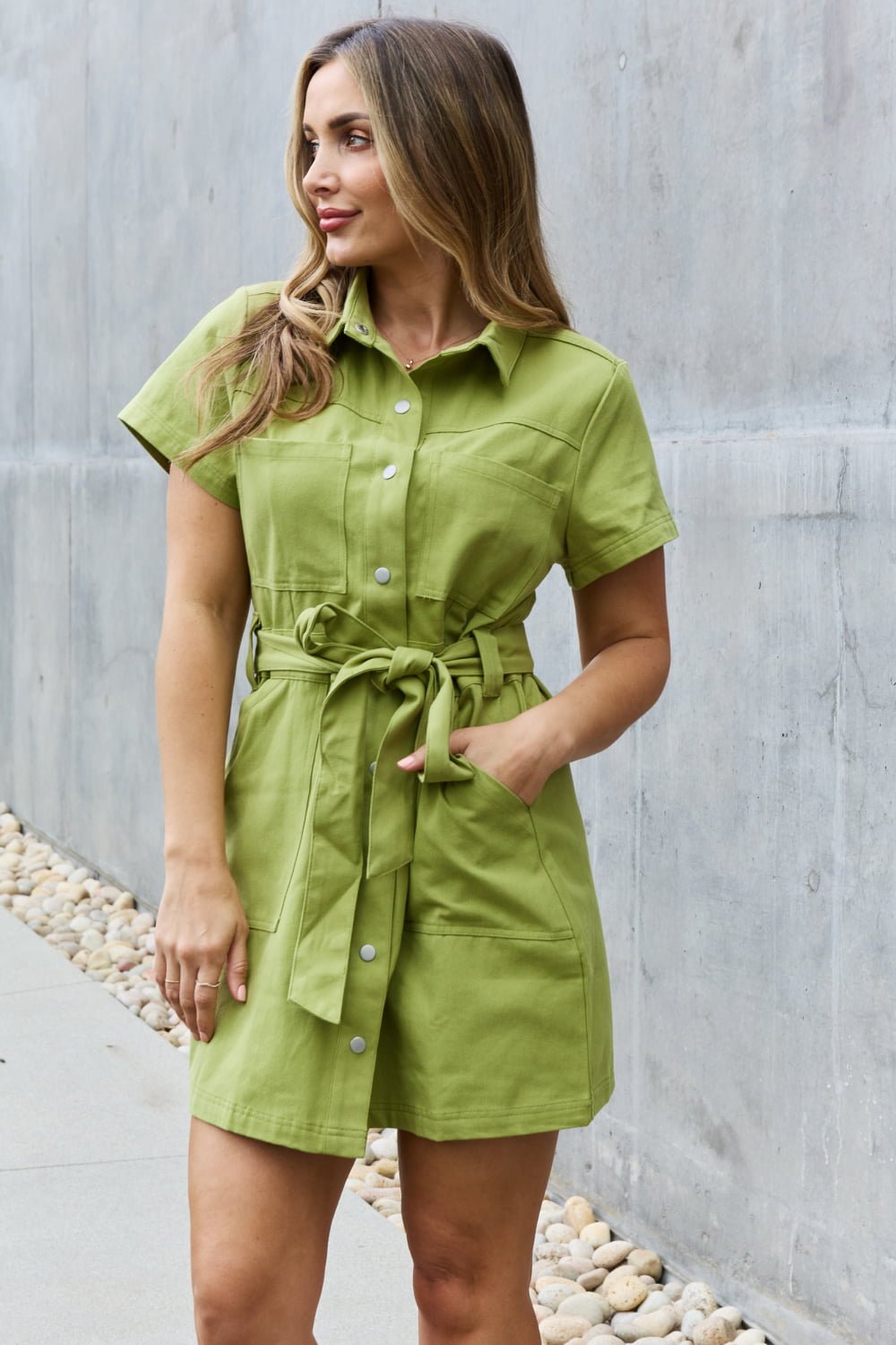 Jade By Jane - Short Sleeve Belted Mini Shirt Dress in Yellow - Green