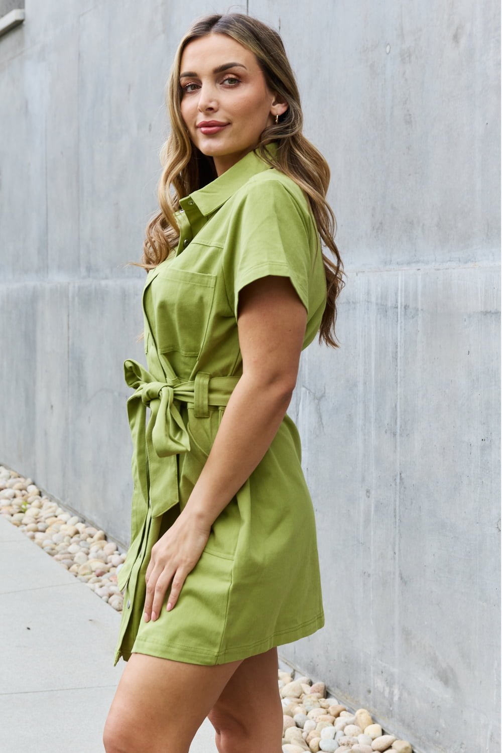 Jade By Jane - Short Sleeve Belted Mini Shirt Dress in Yellow - Green