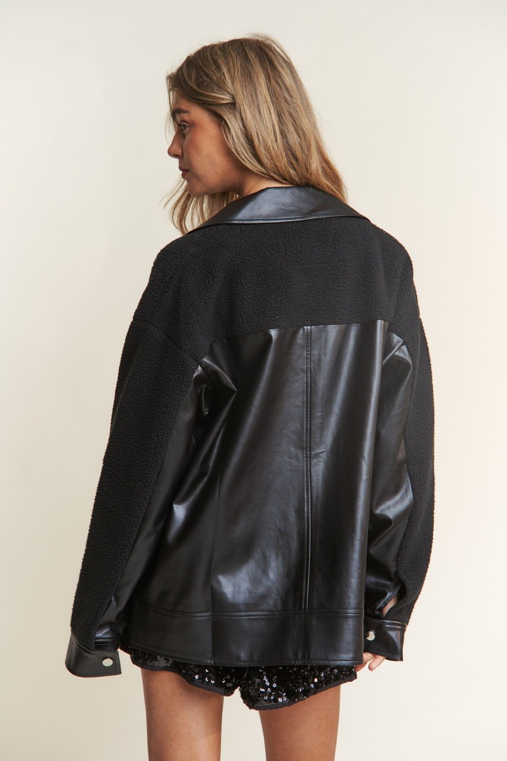 J.NNA - Black Vegan Leather & Sherpa Snap Down Jacket