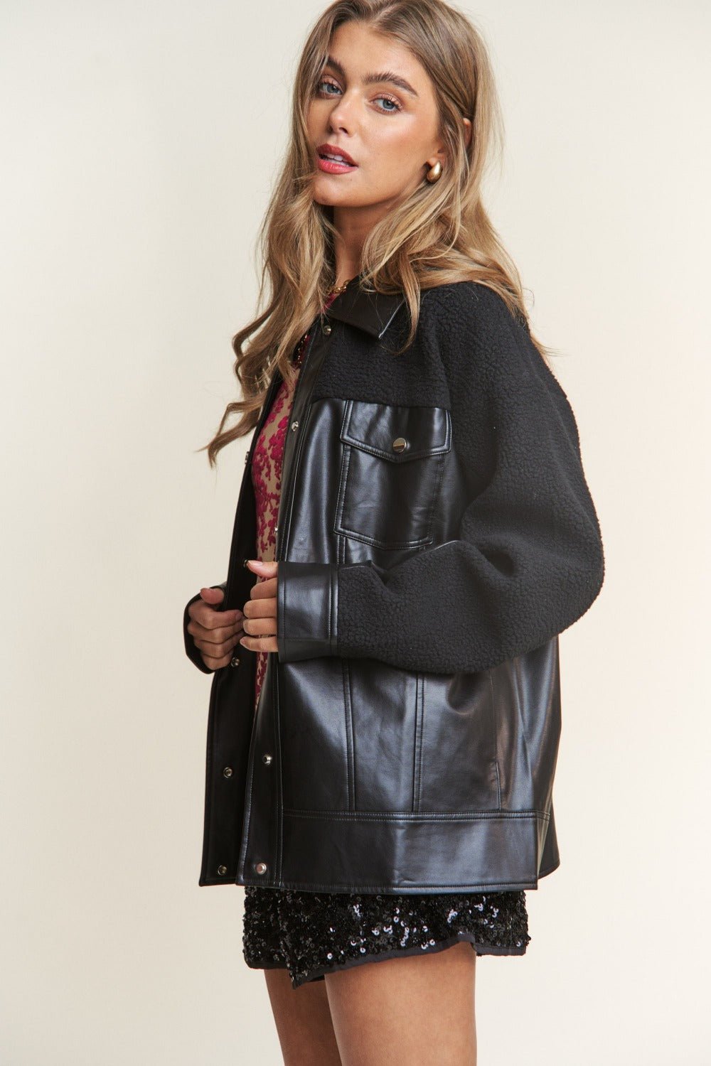 J.NNA - Black Vegan Leather & Sherpa Snap Down Jacket