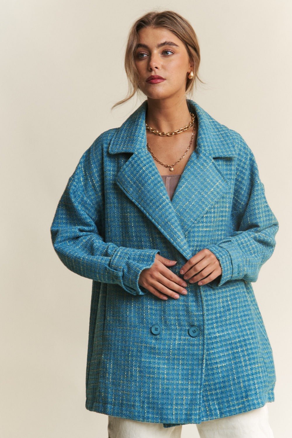 J.NNA - Double - Breasted Tweed Jacket in Emerald Sea