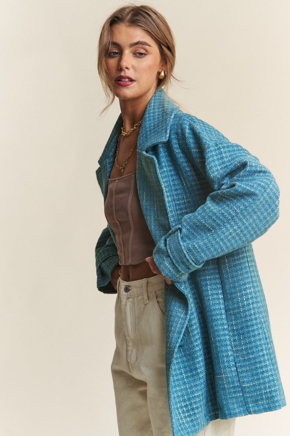 J.NNA - Double - Breasted Tweed Jacket in Emerald Sea