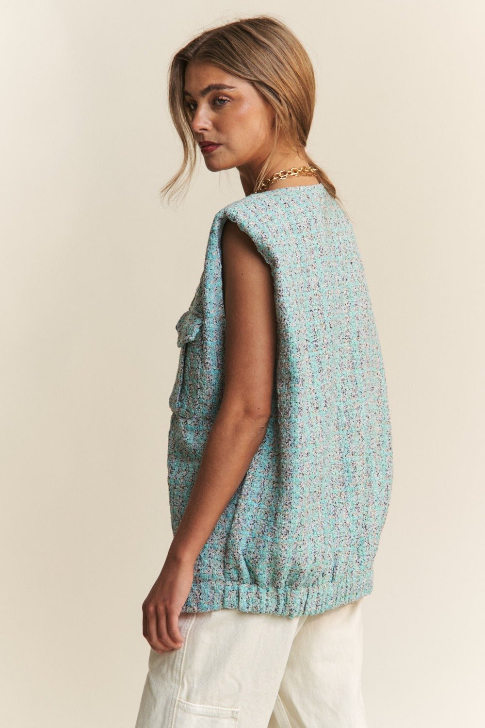 J.NNA - Frayed Tweed Padded Shoulder Vest in Celeste Blue