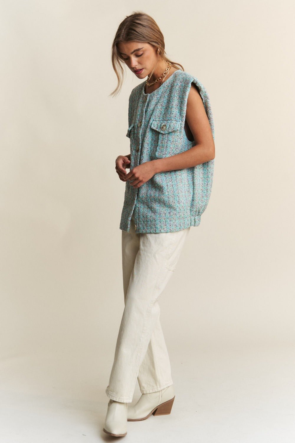 J.NNA - Frayed Tweed Padded Shoulder Vest in Celeste Blue