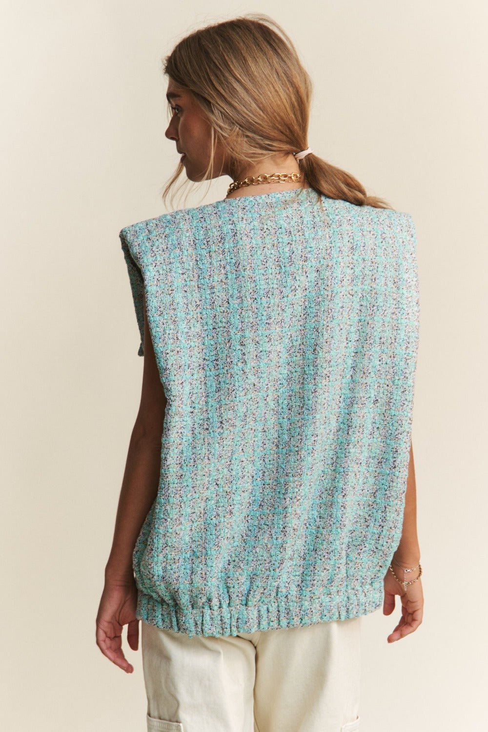 J.NNA - Frayed Tweed Padded Shoulder Vest in Celeste Blue