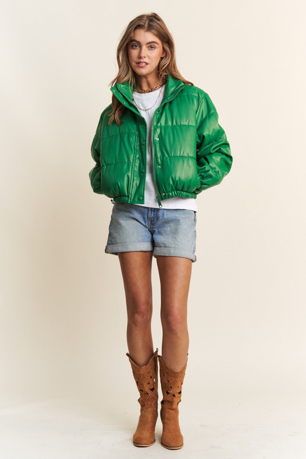 J.NNA - Green Vegan Leather Snap and Zip Cropped Puffer Jacket