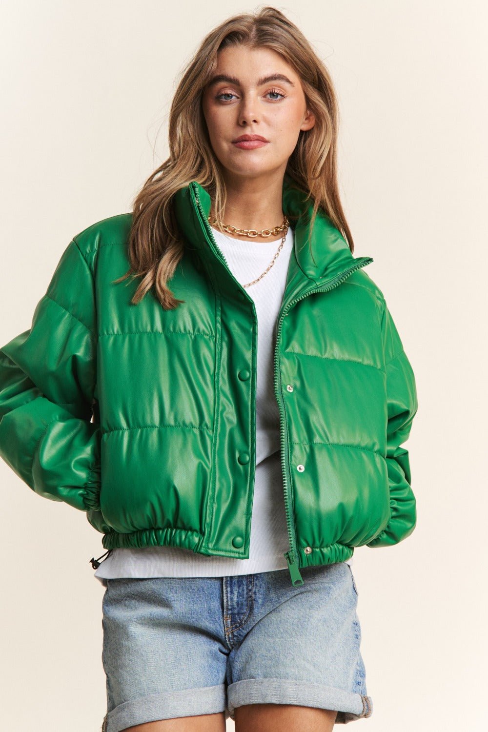 J.NNA - Green Vegan Leather Snap and Zip Cropped Puffer Jacket