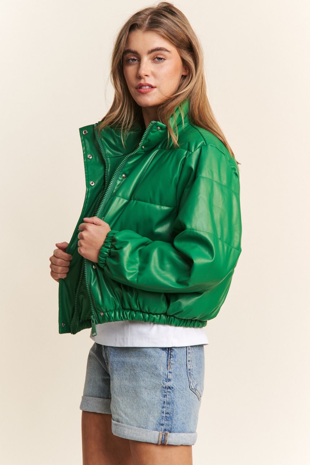 J.NNA - Green Vegan Leather Snap and Zip Cropped Puffer Jacket