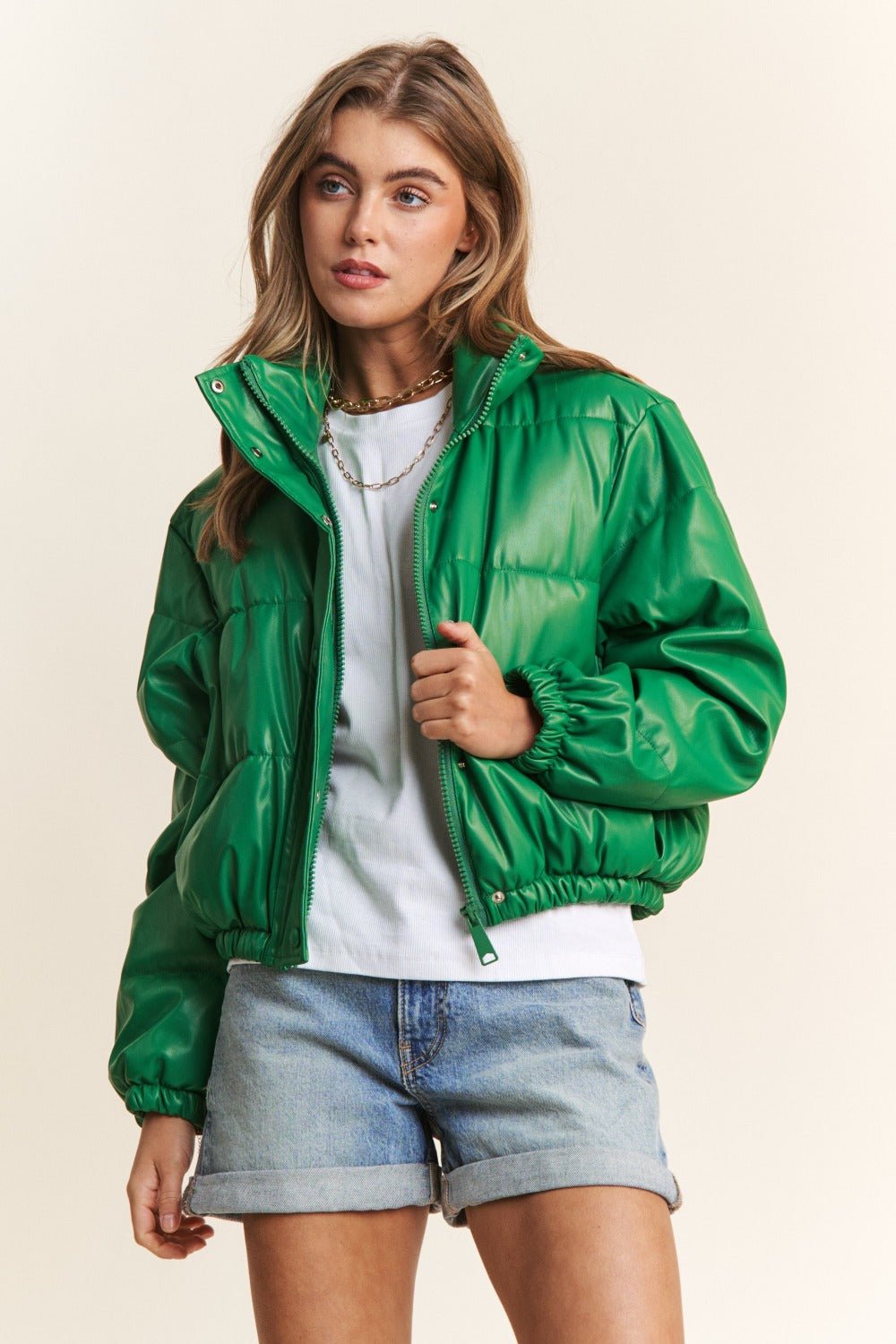 J.NNA - Green Vegan Leather Snap and Zip Cropped Puffer Jacket