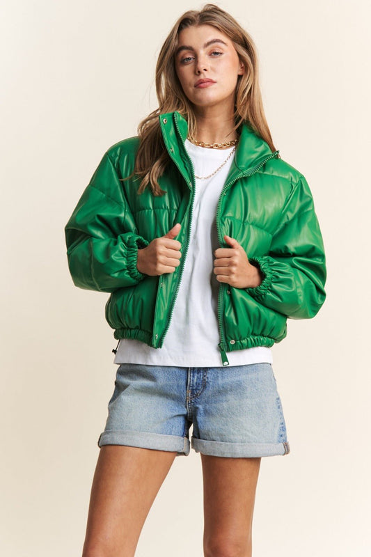 J.NNA - Green Vegan Leather Snap and Zip Cropped Puffer Jacket