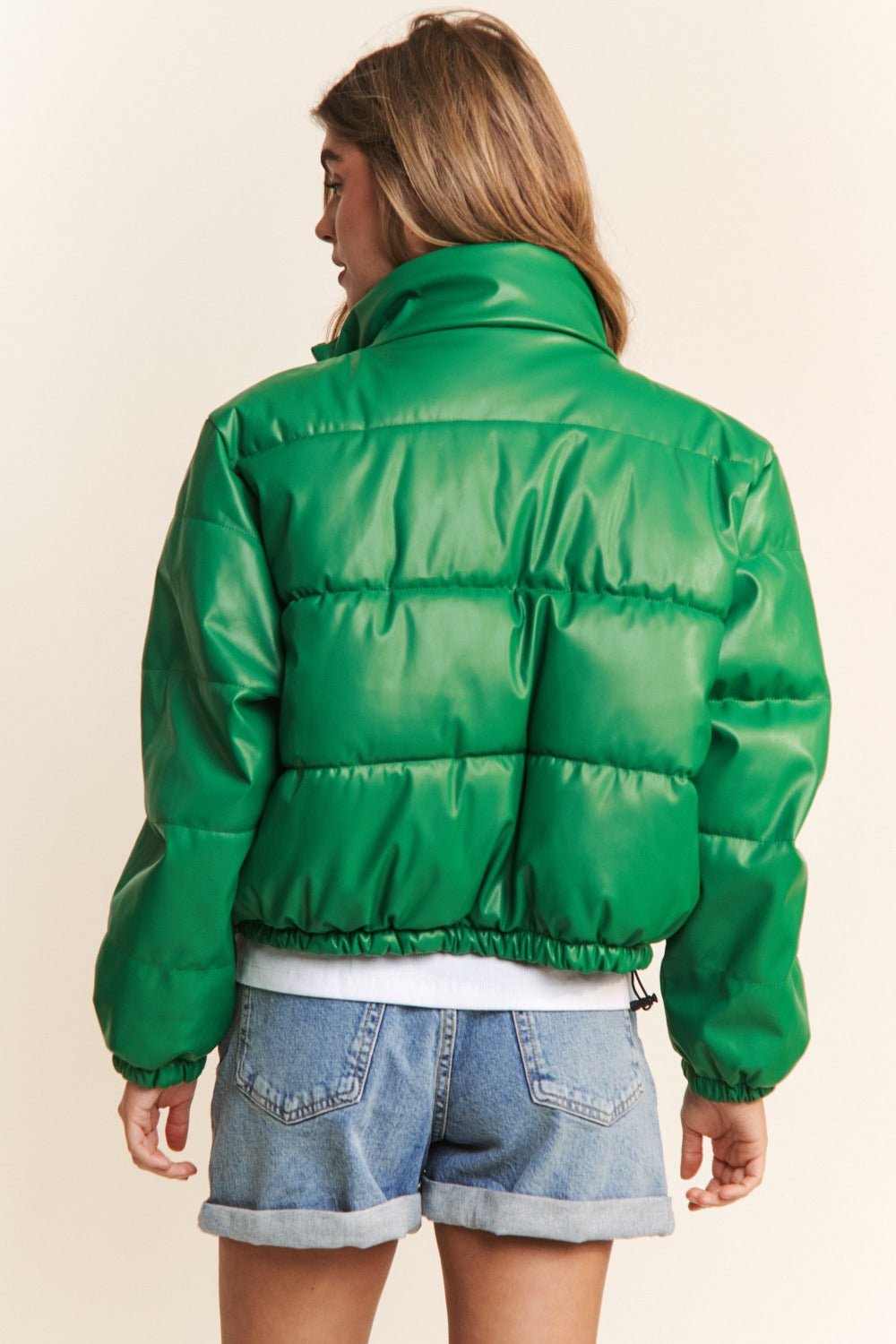 J.NNA - Green Vegan Leather Snap and Zip Cropped Puffer Jacket