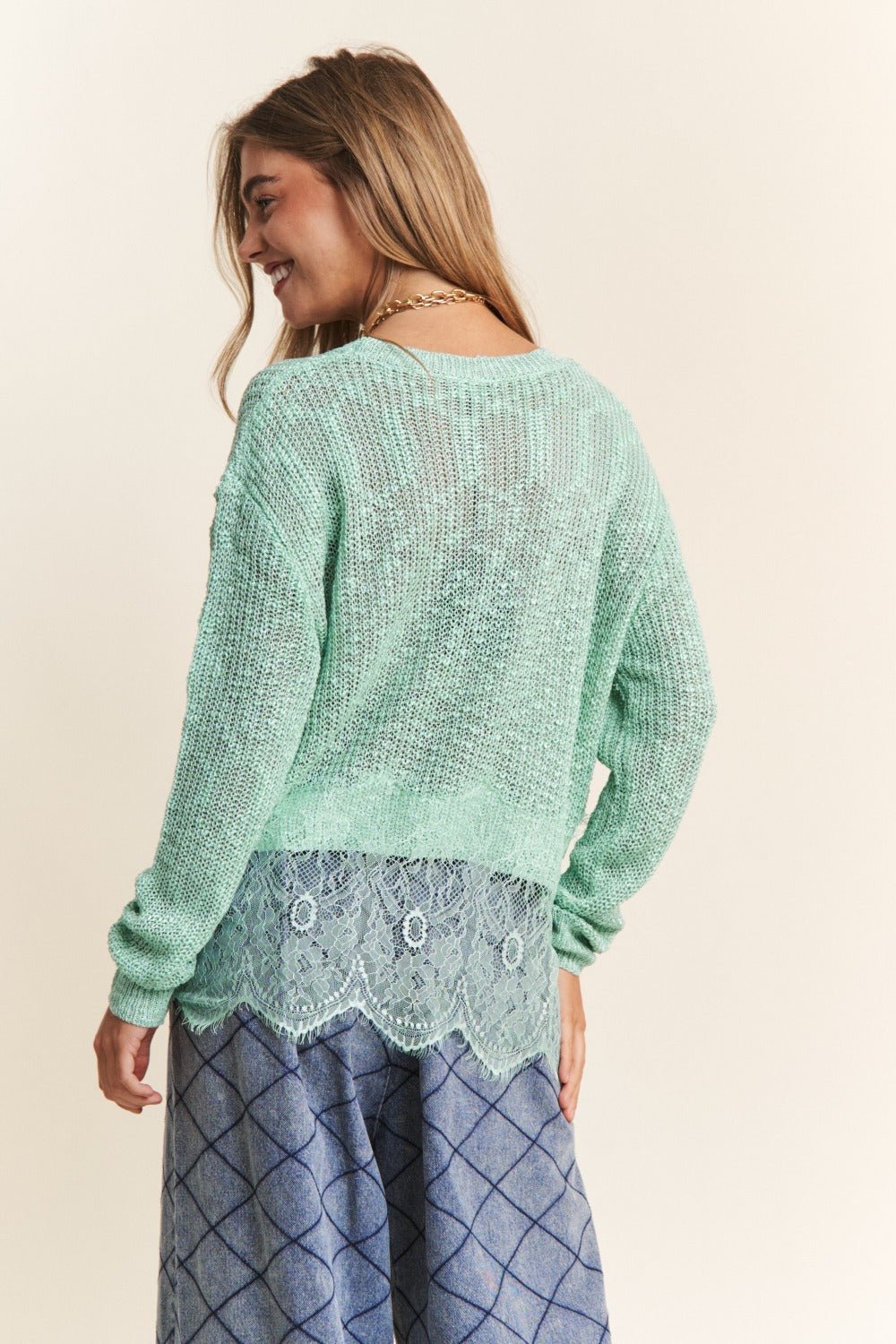 J.NNA - Lace Detail Long Sleeve Knit Top in Sage