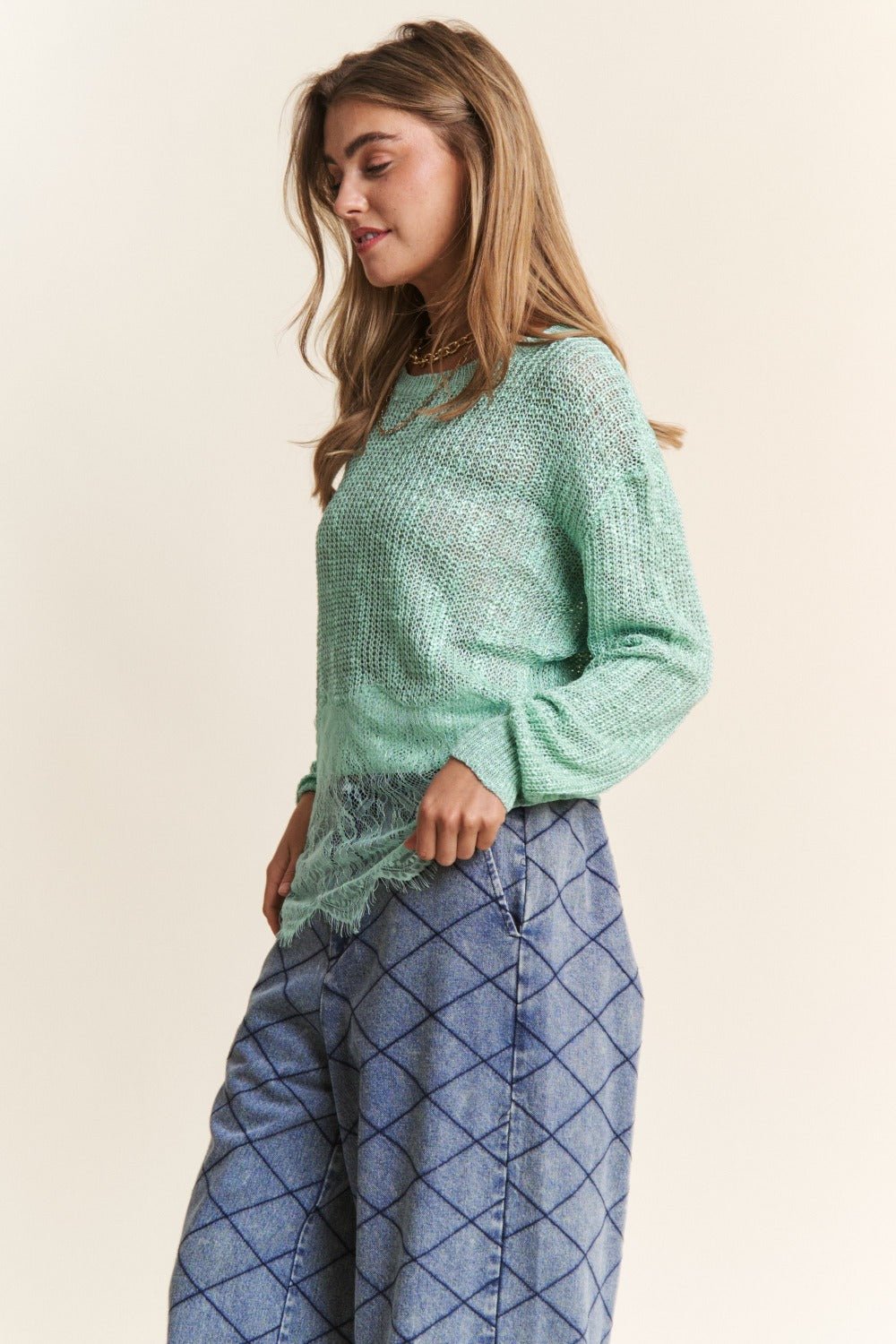 J.NNA - Lace Detail Long Sleeve Knit Top in Sage