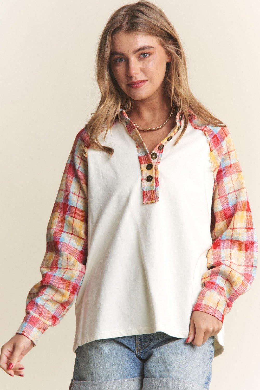 J.NNA - Multicolor Plaid Contrast Quarter Button Henley in Ivory