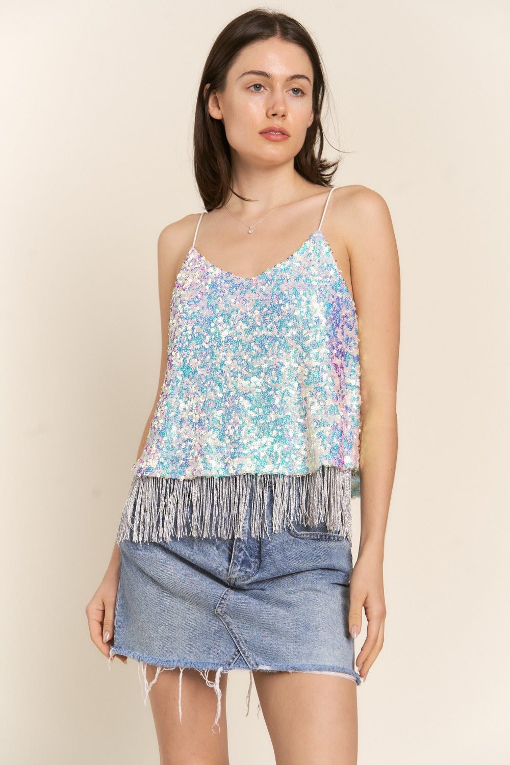 J.NNA - Sequined Fringe Hem Flowy Cami in Fantasy