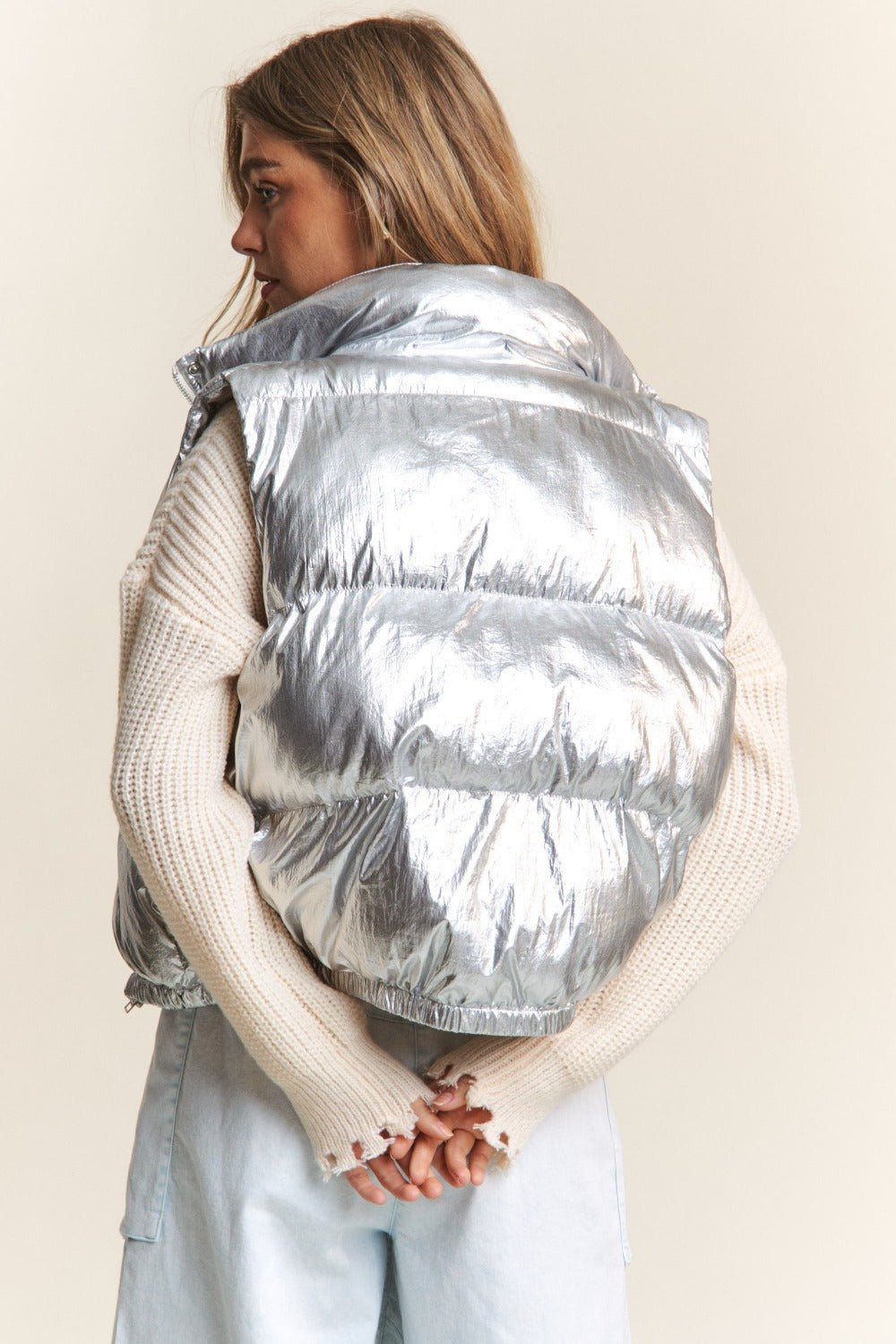 J.NNA - Silver Snap and Zip Shiny Metallic Puffer Vest