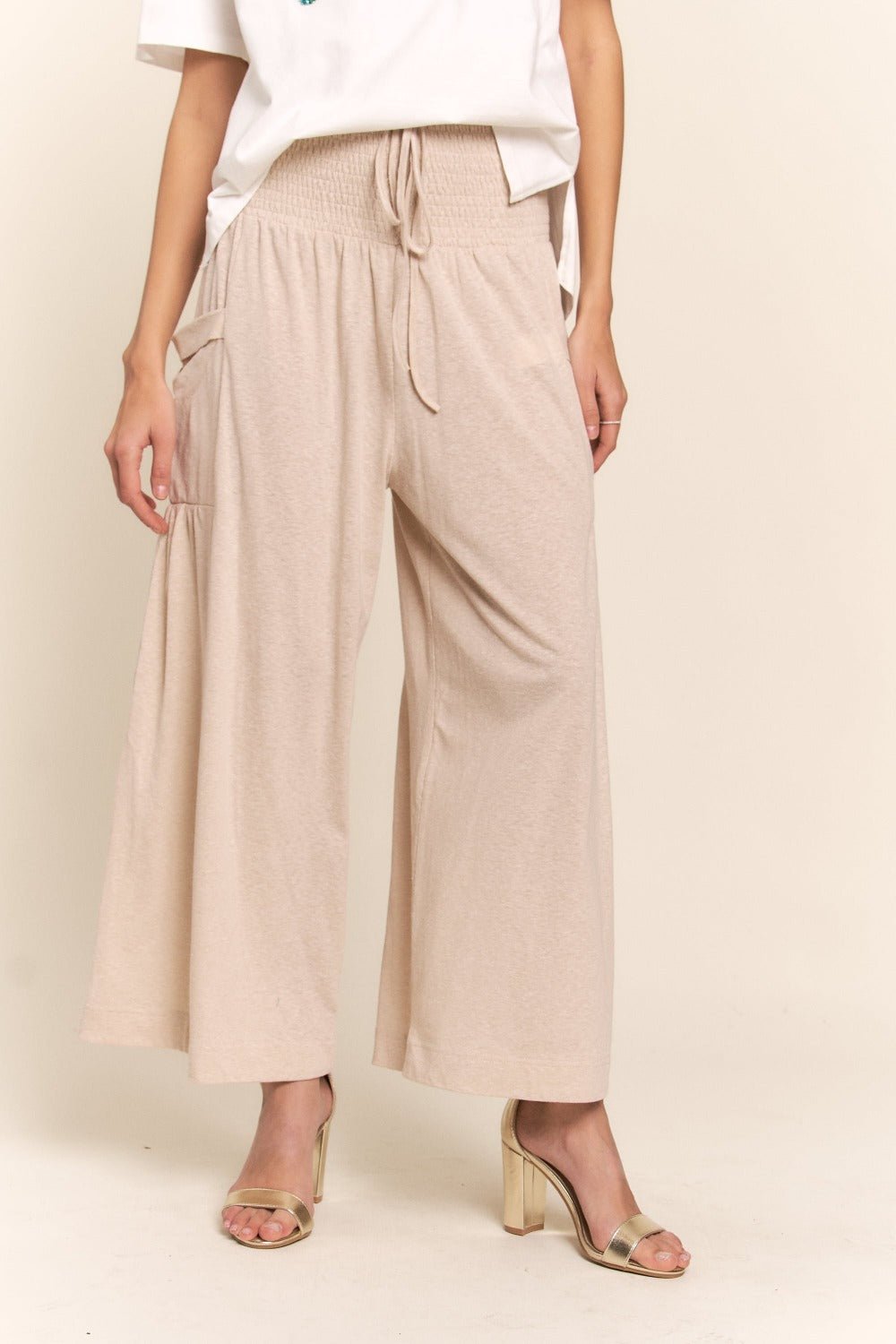 J.NNA - Smocked Waist Wide Leg Pants in Light Beige