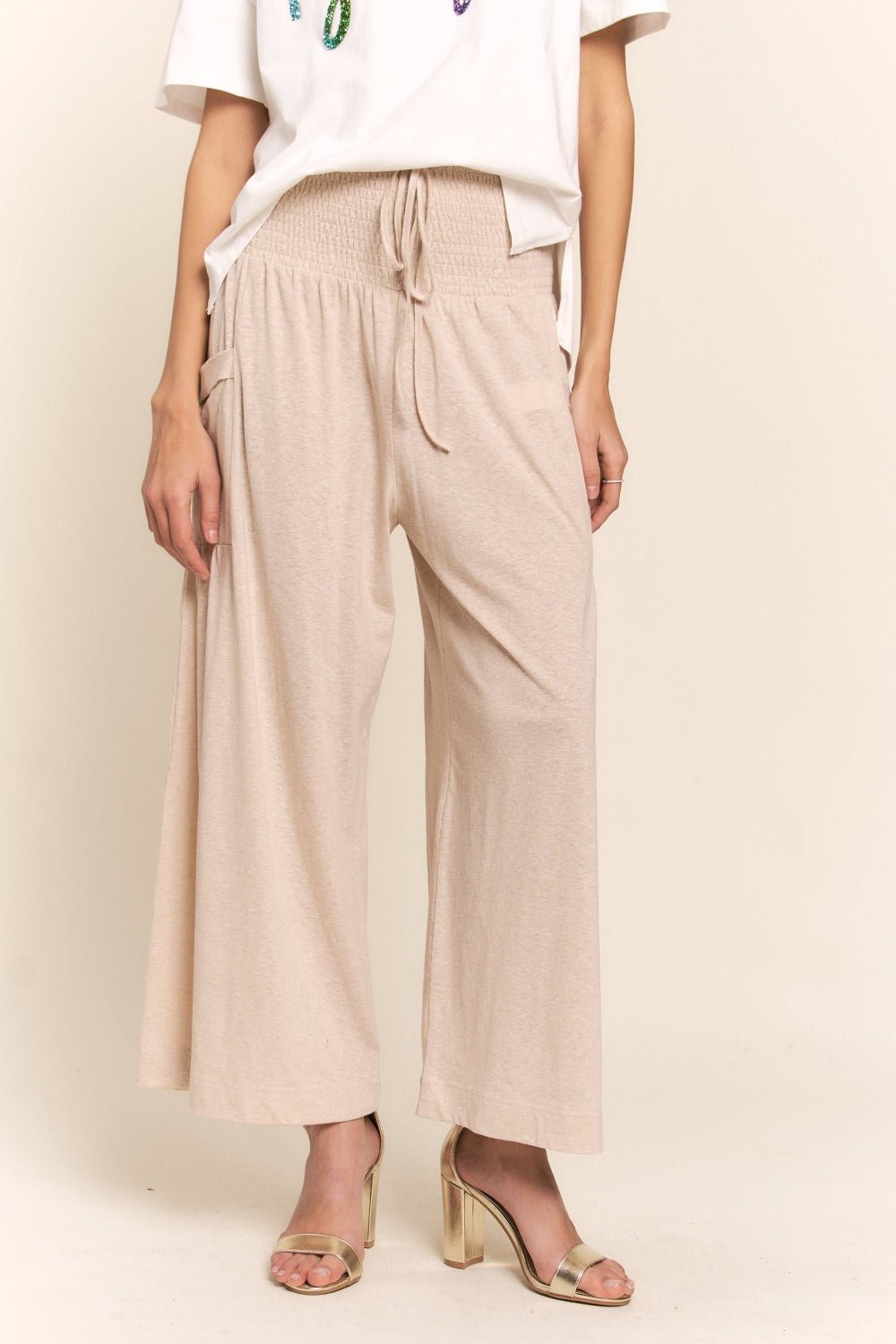 J.NNA - Smocked Waist Wide Leg Pants in Light Beige