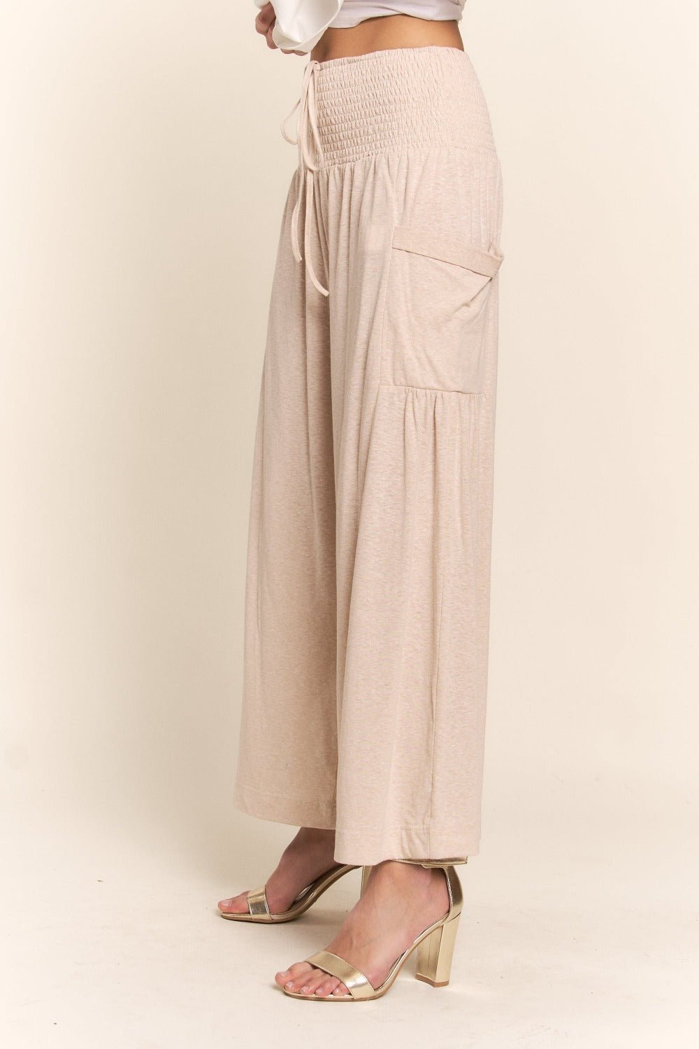 J.NNA - Smocked Waist Wide Leg Pants in Light Beige