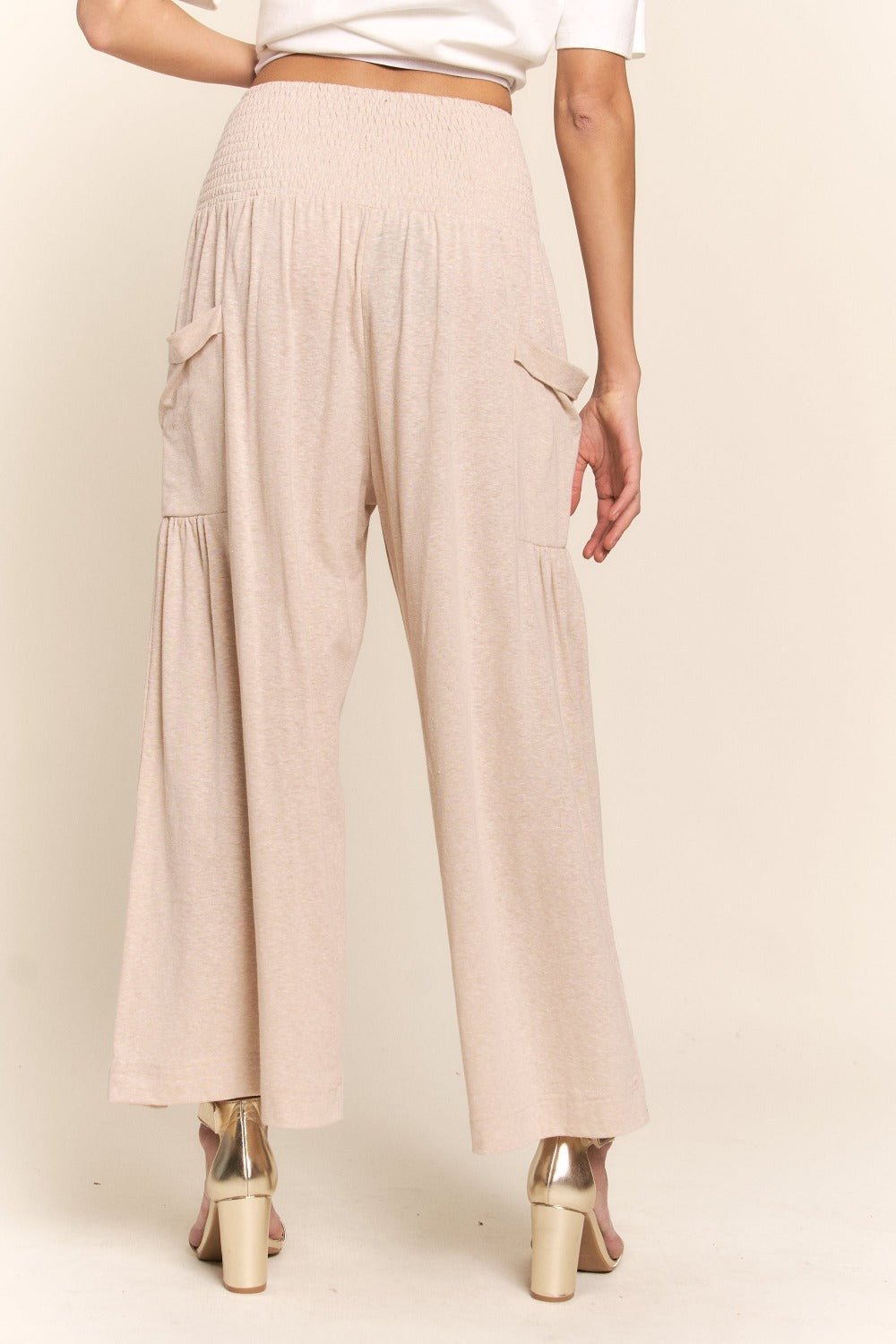 J.NNA - Smocked Waist Wide Leg Pants in Light Beige