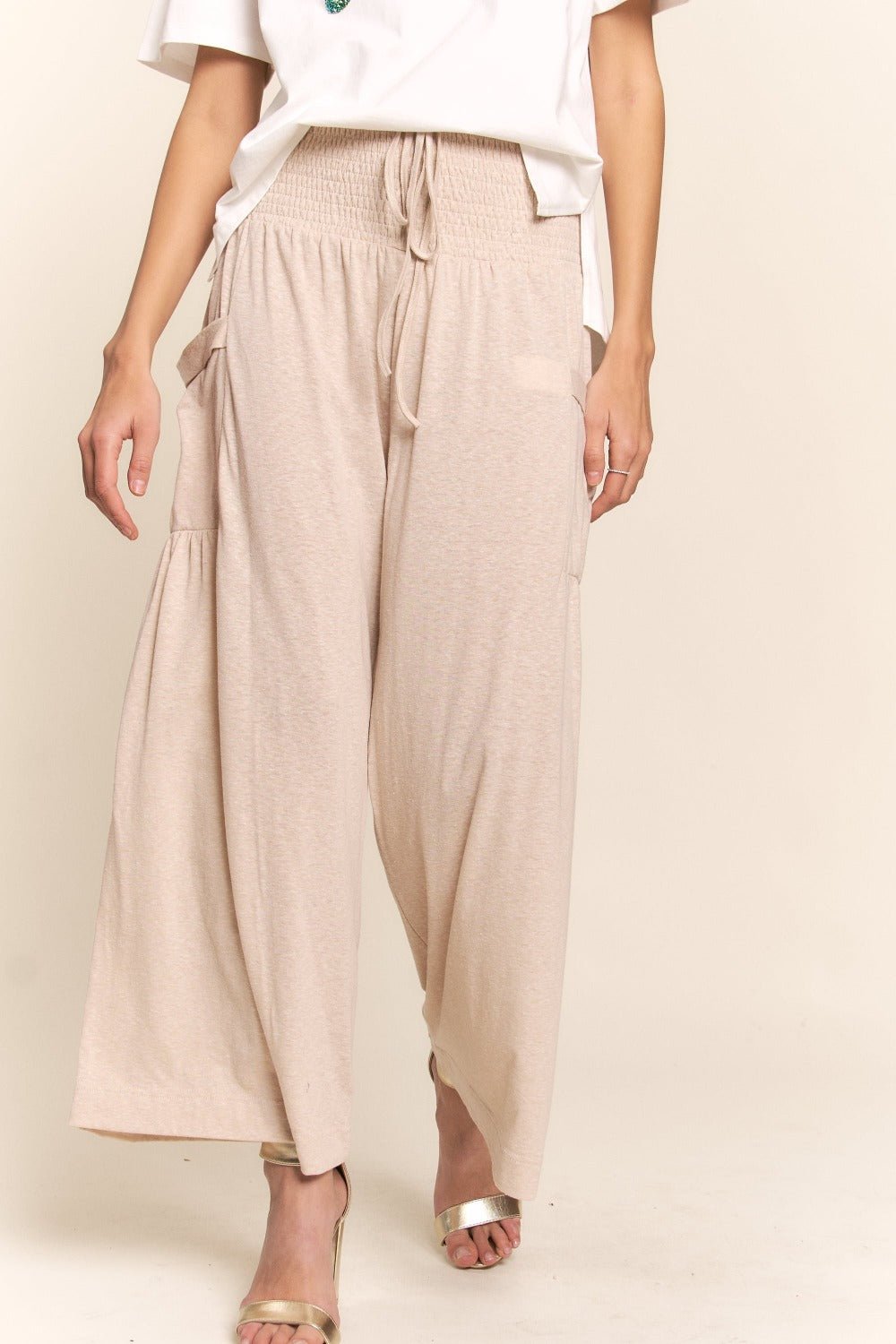 J.NNA - Smocked Waist Wide Leg Pants in Light Beige