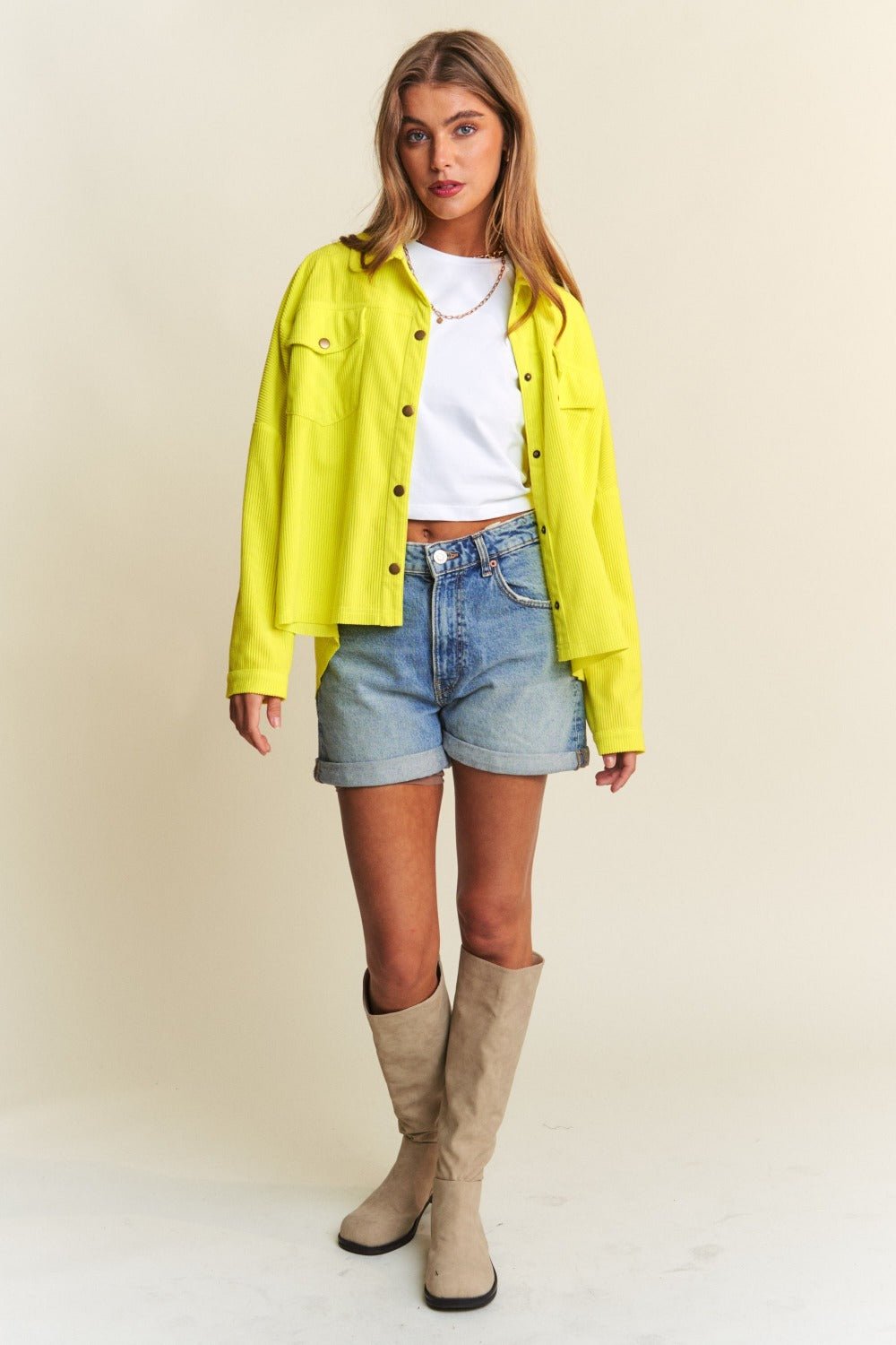 J.NNA - Snap Down Long Sleeve Shacket in Chartreuse