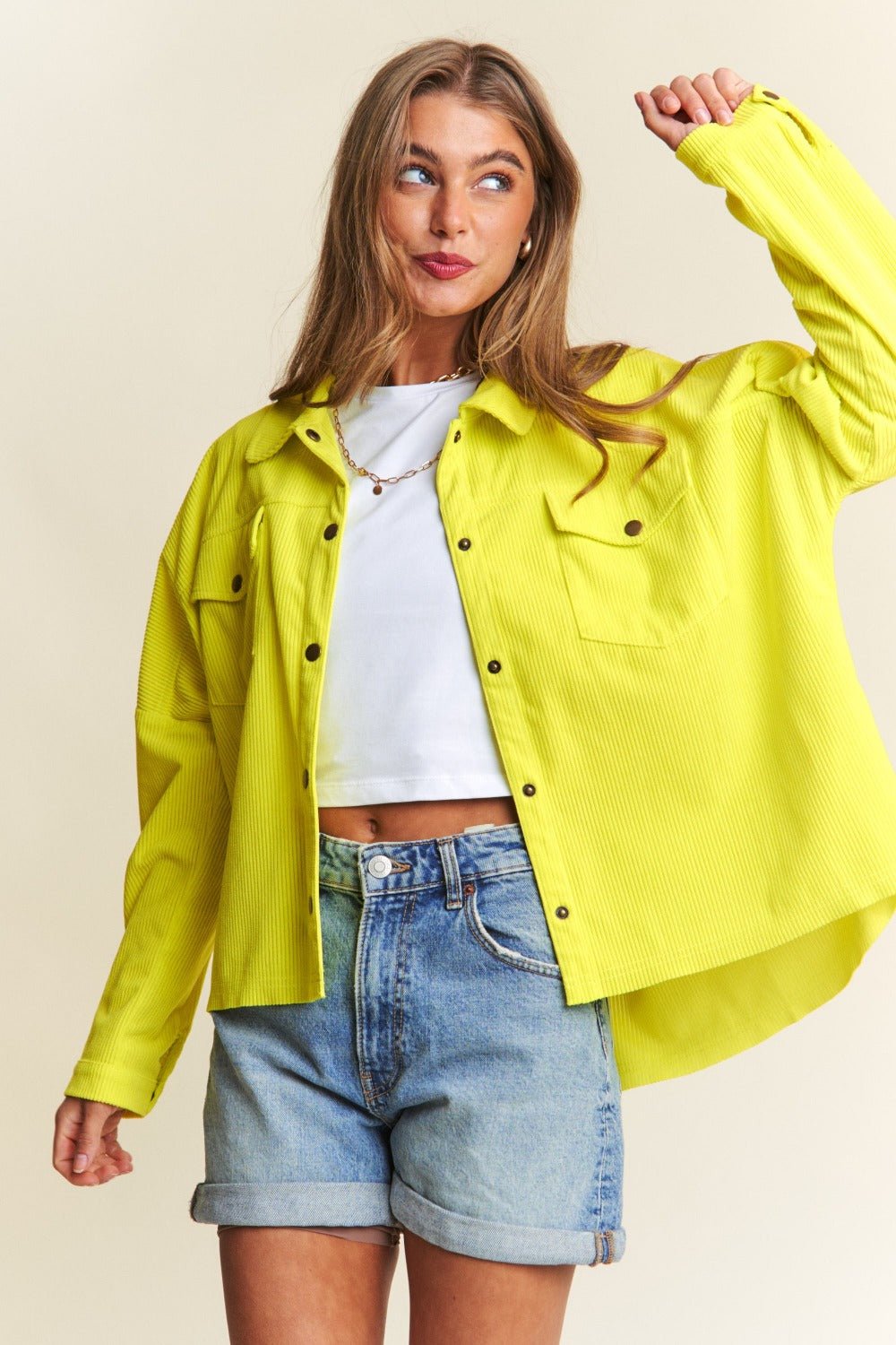 J.NNA - Snap Down Long Sleeve Shacket in Chartreuse