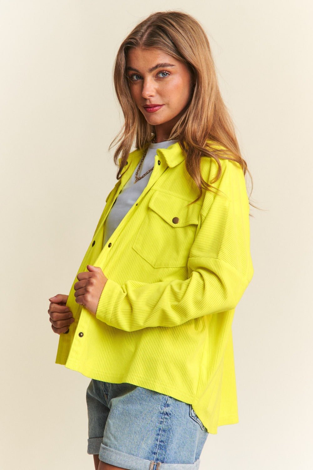 J.NNA - Snap Down Long Sleeve Shacket in Chartreuse