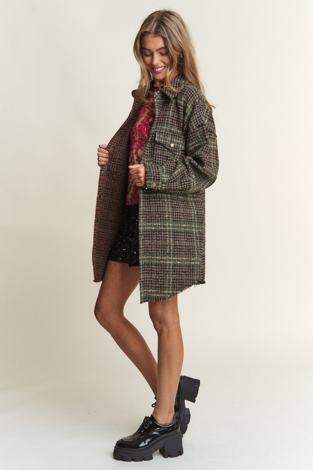 J.NNA - Snap Down Plaid Longline Shacket in Misty Forest