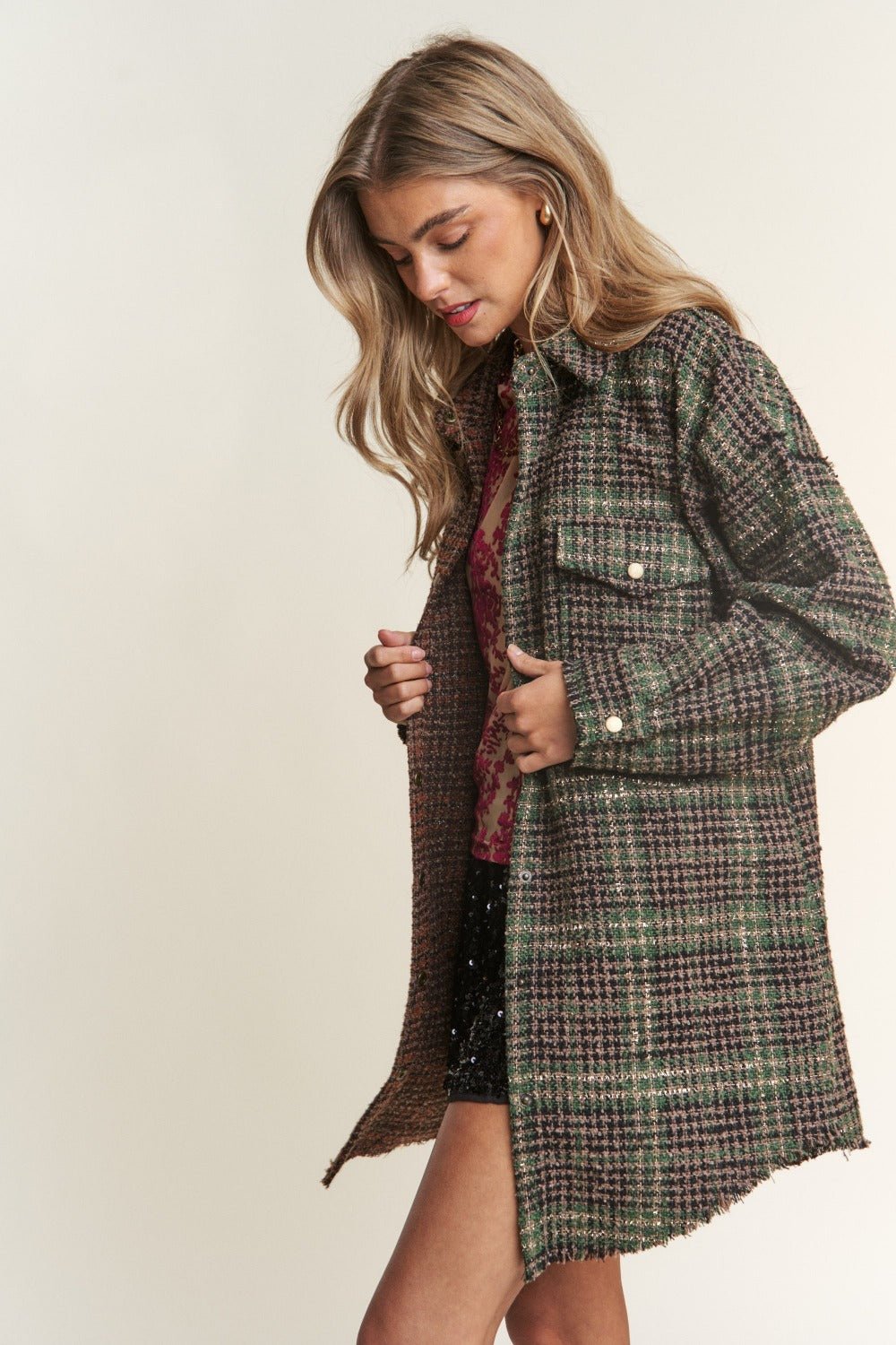 J.NNA - Snap Down Plaid Longline Shacket in Misty Forest