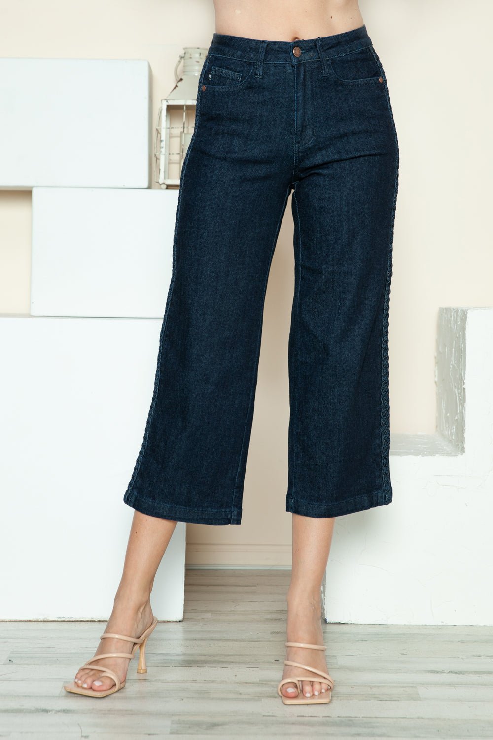 Judy Blue - Dark Wash Braid Detail Cropped Wide Leg Jeans