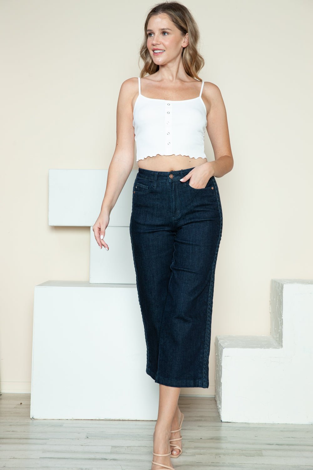 Judy Blue - Dark Wash Braid Detail Cropped Wide Leg Jeans